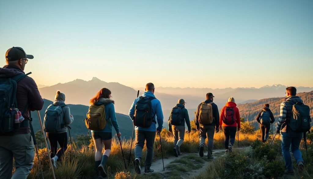 Diverse group of hikers enjoying trail representing hiking industry recession-proof nature